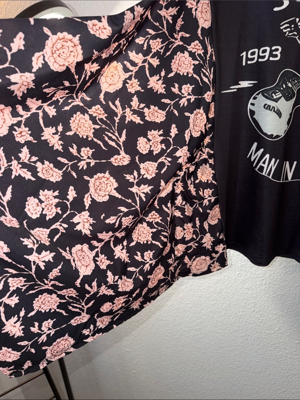 'Man in Black' Black Tee with Pink Floral Sleeves - Picture 3 of 5